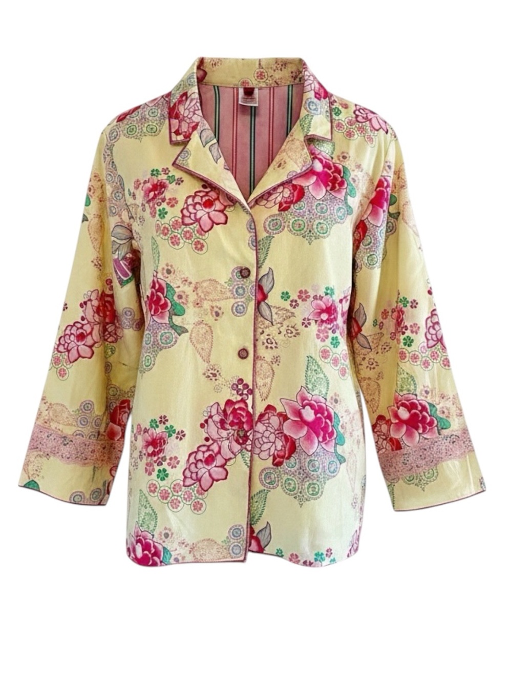 Josie Women’s Yellow Colorful Floral Button Front 100% Cotton Long Sleeve Top